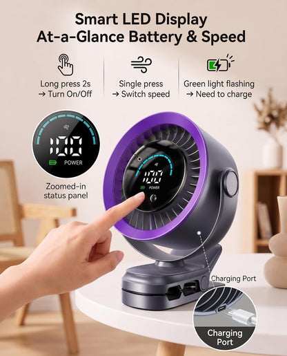 Portable Clip-On Fan, 100-Speed Rechargeable Battery Desk Fan with LED Display, 9000 RPM Strong Airflow & Ultra Quiet, 17-Hour Mini USB Fan for Stroller, Camping, Travel & Treadmill (Grey)