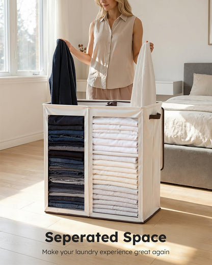SOLEDI Luxury Double Laundry Hamper with Lid and Removable Bags, 38.3 Gal Large Laundry Bin, Laundry Basket 2 Sections, Collapsible Clothes Hamper for Bedroom, Laundry Room, Bathroom, Off-white