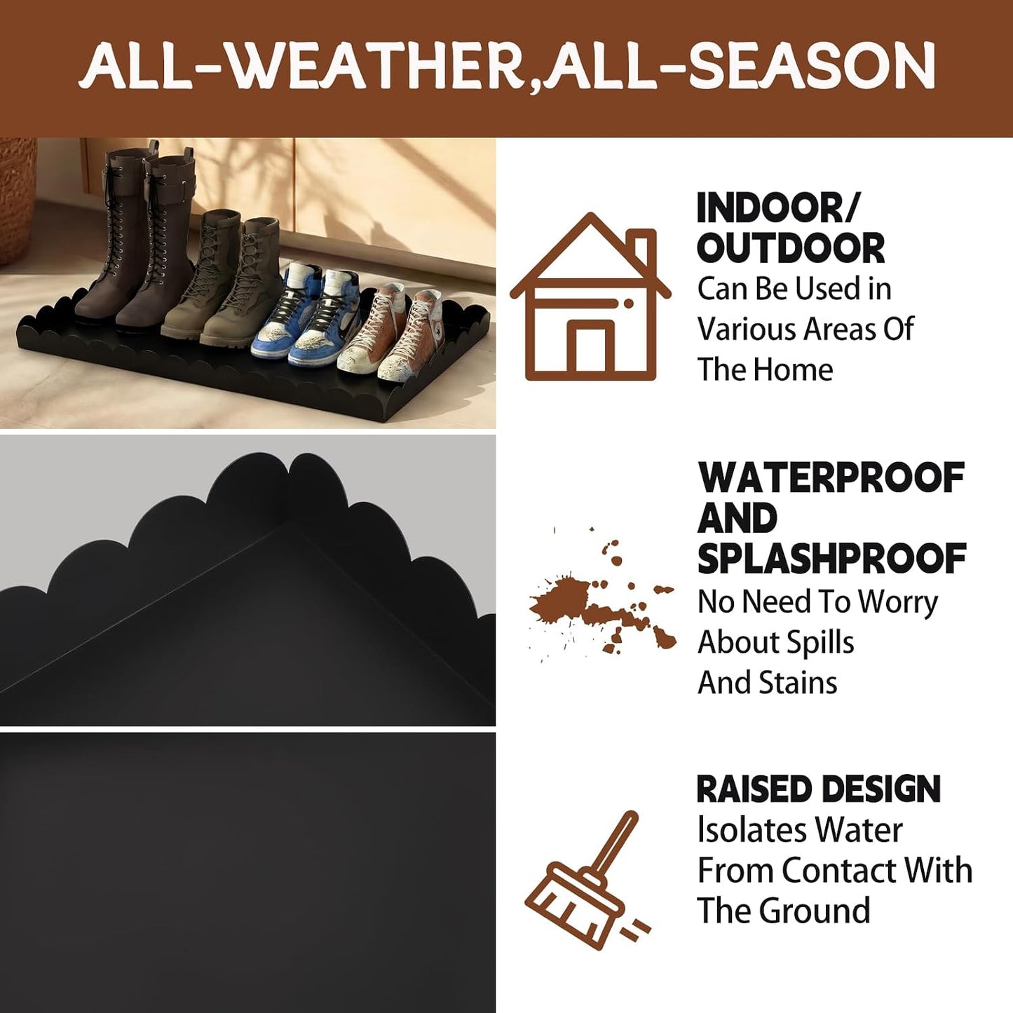 Maxdot 2 Pack Scalloped Iron Boot Tray for Entryway Indoor, Heavy Duty Shoe Mat 19.7" x 15.8" Waterproof Shoes Trays for Front Door Outdoor Multipurpose Mats for Boots, Pets, Plants