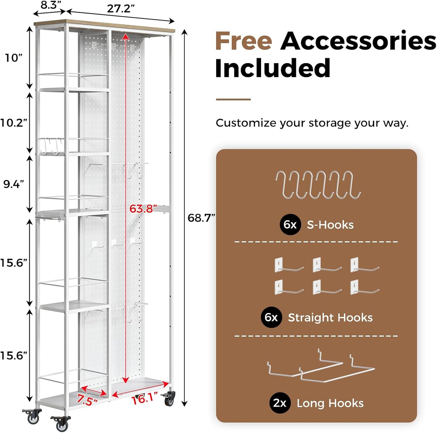 Slim Rolling Storage Cart, 8.3 Inch Narrow Storage Cart with Wheels, Pegboard & 5 Tier Shelves, Mobile Slim Storage Rack Next to Fridge for Kitchen, Laundry, White