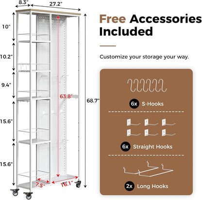 Slim Rolling Storage Cart, 8.3 Inch Narrow Storage Cart with Wheels, Pegboard & 5 Tier Shelves, Mobile Slim Storage Rack Next to Fridge for Kitchen, Laundry, White
