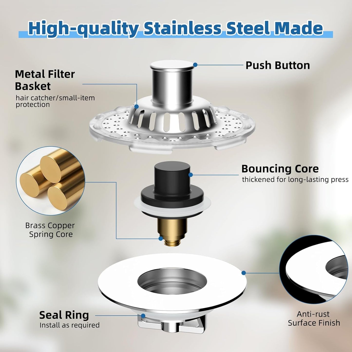 Universal Bathtub Drain Stopper Shower Drain Hair Catcher, Tub Stopper with Visible Top Strainer, Upgraded 3 in 1 Pop-up Drain Plug Fit for 1.5 to 2.4" Hole, Stainless Steel Filter Basket, Chrome