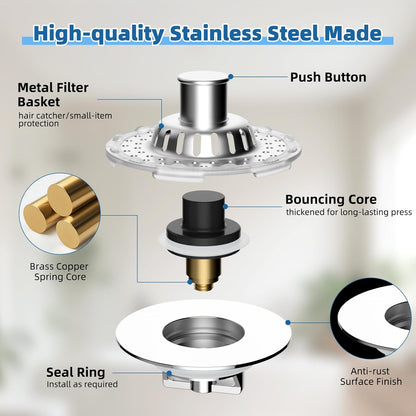 Universal Bathtub Drain Stopper Shower Drain Hair Catcher, Tub Stopper with Visible Top Strainer, Upgraded 3 in 1 Pop-up Drain Plug Fit for 1.5 to 2.4" Hole, Stainless Steel Filter Basket, Chrome