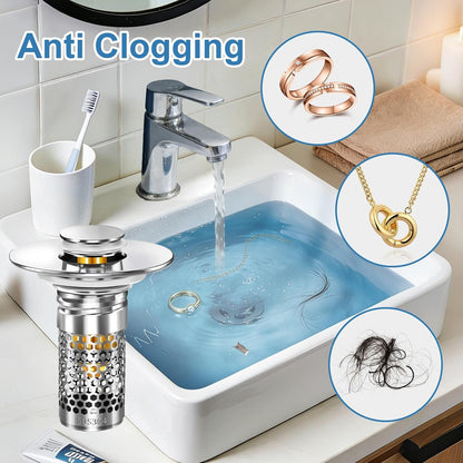 Bathroom Sink Stopper, Pop-up Bathroom Sink Drain Strainer Stopper with Removable Stainless Steel Strainer Filter Basket Hair Catcher, Sink Drain Stopper for Bathroom Sink Stopper Replacement (2PCS)