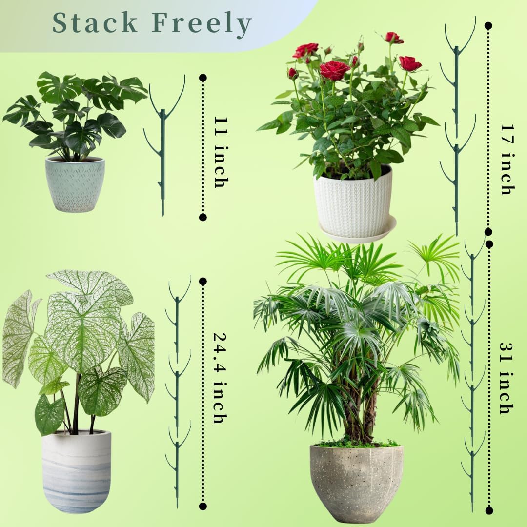 26Pcs Plant Support Combo, 5Pcs Stackable Monstera Plant Stakes Trellis+ 20Pcs Garden Clips + 1Pcs Ties, Moss Pole Alternative for Indoor Outdoor Climbing Vines Houseplants
