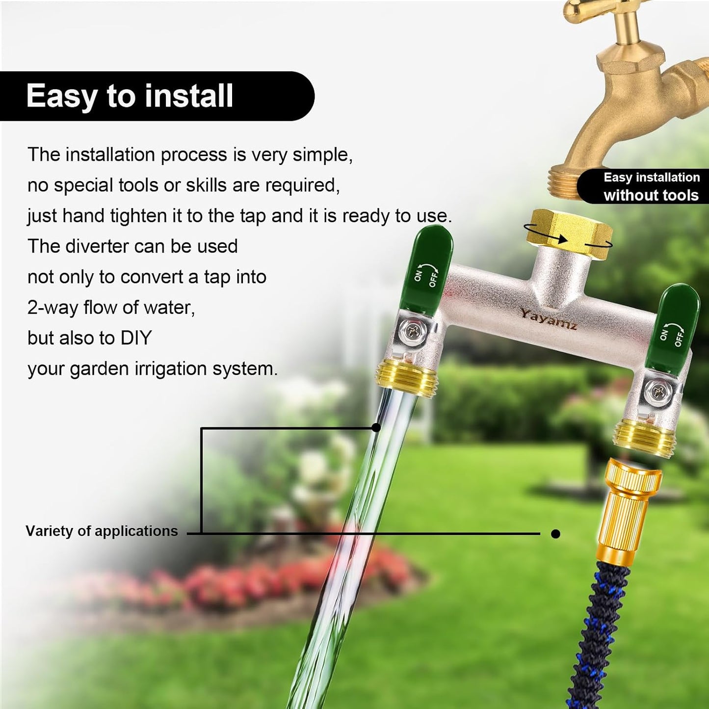 Garden Hose Splitter, 3/4” Rust and Freeze Resistant Outdoor Hose Manifold with 2 Red Extra Long Handles Faucet Adapter-Heavy Duty Brass Nickel Plated 2-Way Valve