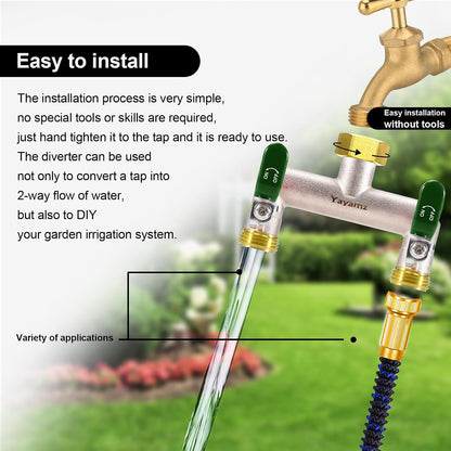 Garden Hose Splitter, 3/4” Rust and Freeze Resistant Outdoor Hose Manifold with 2 Red Extra Long Handles Faucet Adapter-Heavy Duty Brass Nickel Plated 2-Way Valve
