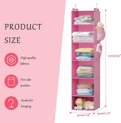 Weekly Hanging Closet Organizer for Kids, 6-Shelf Clothes Storage with Labeled Days of The Week Monday Through Friday, Weekday and Weekend, Days of The Week Clothes Organizer