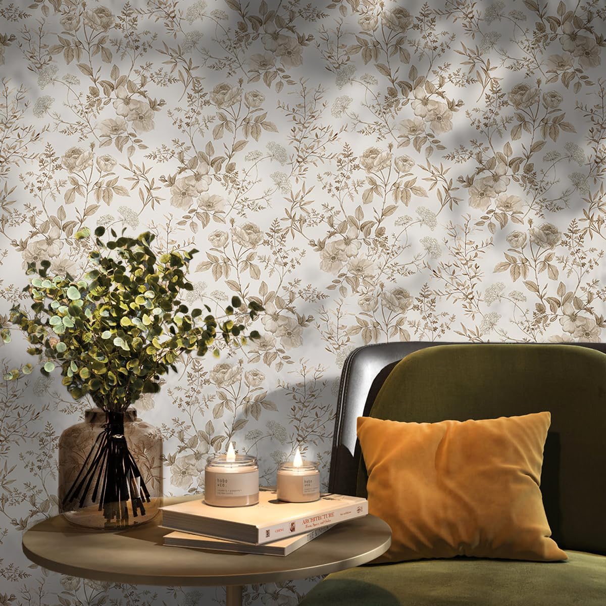 Erfoni 16.9" x118" Boho Floral Peel and Stick Wallpaper Beige Flower and Leaf Contact Paper Self Adhsive Removable Wallpaper Boho Botanical Wall Paper for Bedroom Cabinets Decor Vinyl Roll Waterproof