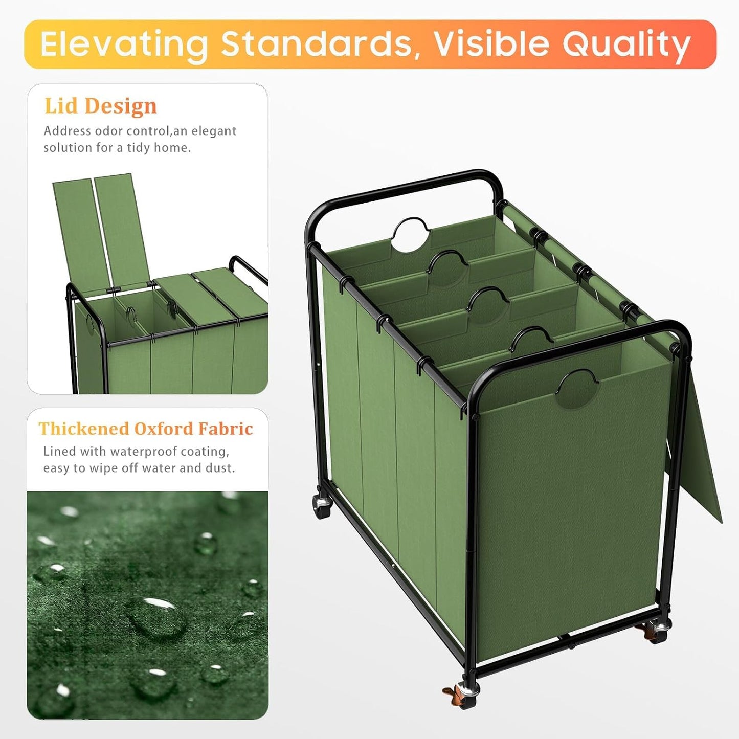 180L (47.55 Gal) Laundry Sorter 3 Section, Rolling Laundry Basket with Lockable Wheels and Lid, Laundry Hamper with 3 Separated Removable Bags Dirty Clothes Hamper for Laundry Room Organizer, Black