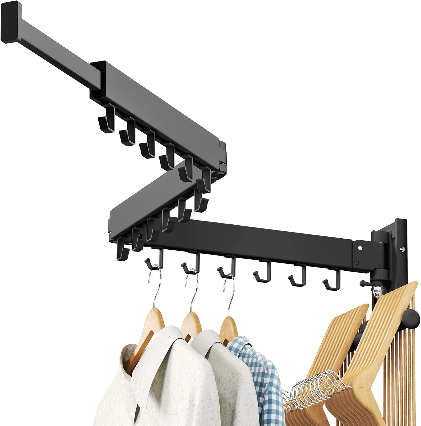 LIENAHU Wall Mounted Clothes Drying Rack, Collapsible, Folding, Retractable - Clothes Hanging Rack (Hooks, White)