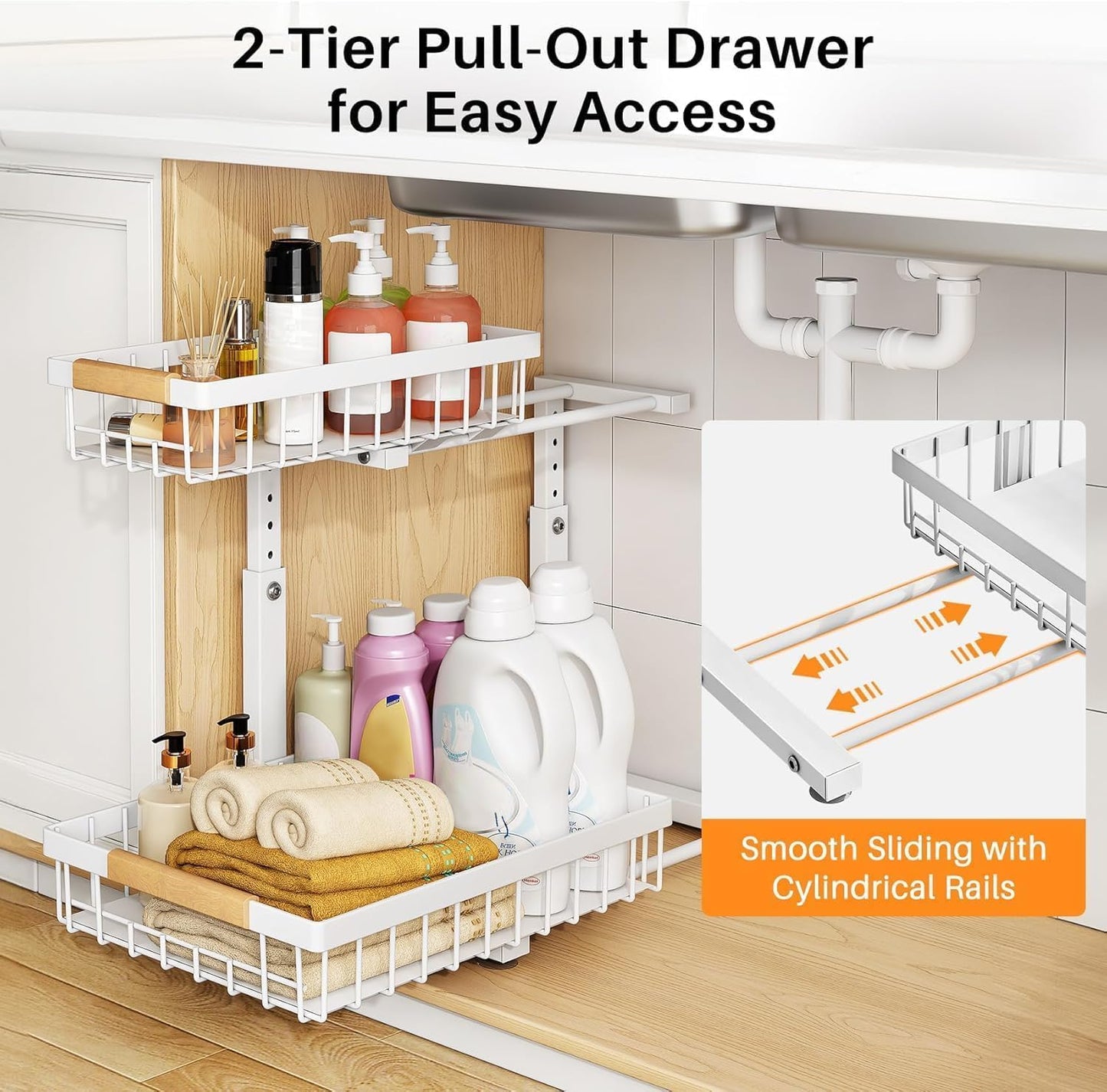 PXRACK Under Sink Organizer, Adjustable Height, 2 Tier Pull Out Under Cabinet Organizer, Slide Out Thickened Metal Under Sink Storage for Kitchen Bathroom Laundry Pantry Cabinet, White, Large-1-Pack