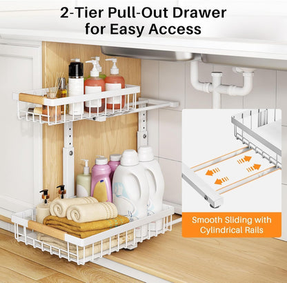 PXRACK Under Sink Organizer, Adjustable Height, 2 Tier Pull Out Under Cabinet Organizer, Slide Out Thickened Metal Under Sink Storage for Kitchen Bathroom Laundry Pantry Cabinet, White, Large-1-Pack
