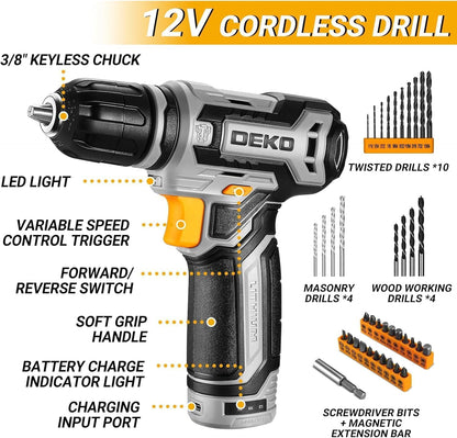 Power Drill Tool Set Kit: DEKOPRO Cordless Drill Tool Box with 12V Battery Electric Drill Driver for Home Hand Repair Power Tools Sets Drills Case