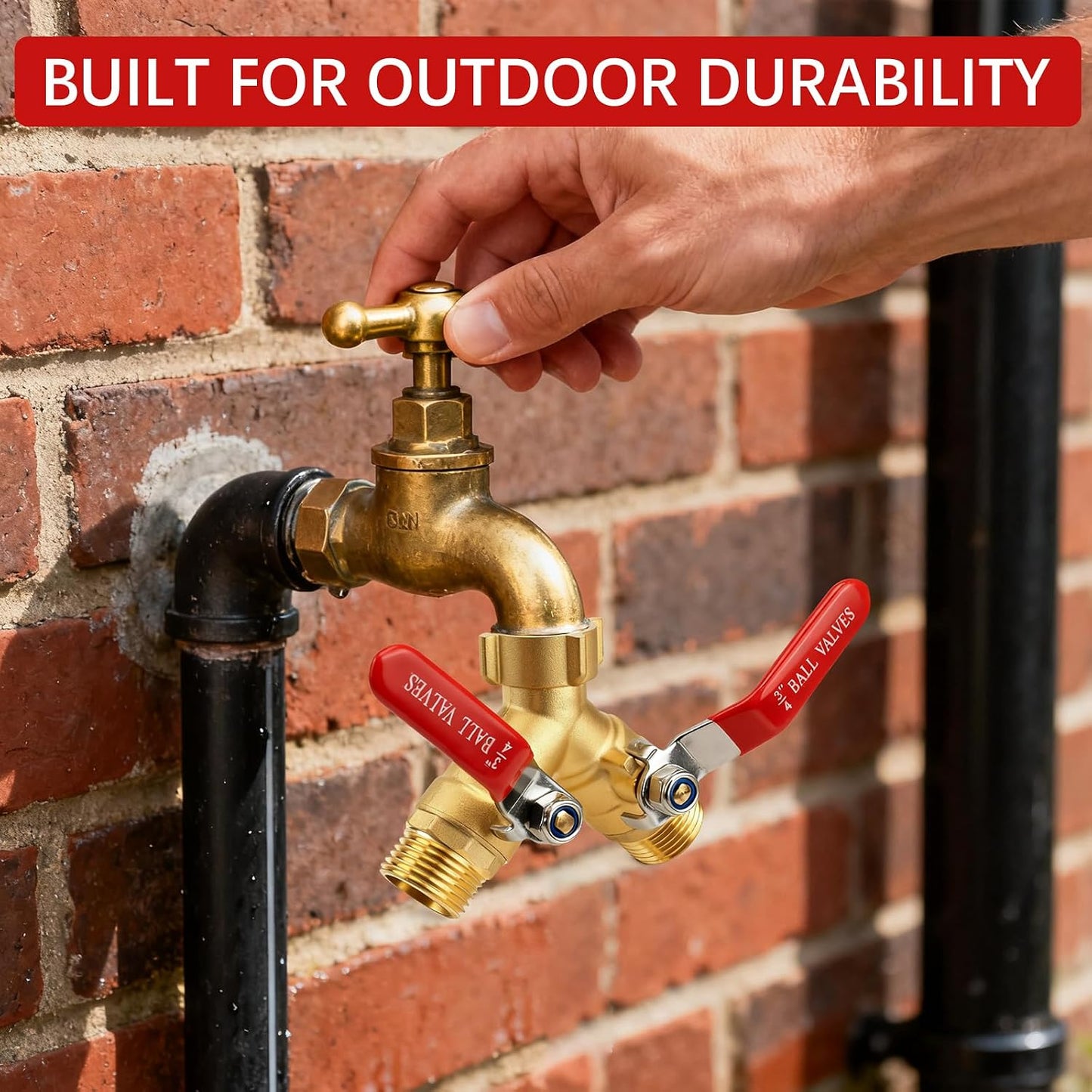 Hose Splitter 2 Way Heavy Duty - Brass Garden Hose Splitter 304 Stainless Steel Long Handles,Y Valve 3/4 Inch GHT Thread Outdoor Faucet Splitter-Full Flow Shutoff Valves 2 Washers&Teflon Tape