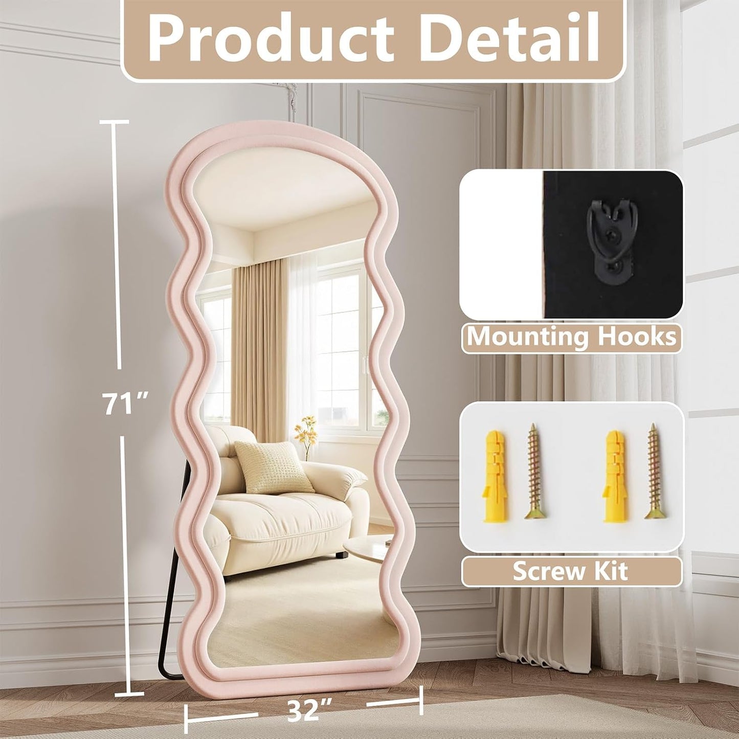 71"x32" Flannel Full Length Mirror, Arched Mirrors Full Length with Stand, Flannel Floor Mirror for Bedroom and Living Room, Full Body Mirror Hanging or Leaning, White
