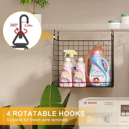 4-Tier Hanging Laundry Room Organizer: Foldable Wire Shelf Basket with 2 Large Hooks 1.65" & 360°Rotating Hooks – Space-Saving Laundry Storage Basket, for Wardrobe Closet Storage, White Patent