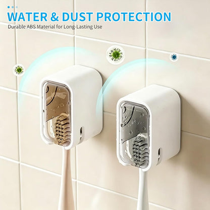 Toothbrush Holders for Bathroom 2 Pack, Drill-Free Wall Mount Single Slot with Dustproof Cover, Easy-Clean Organizer for Shower, Apartment & Travel (Gray & Brown)
