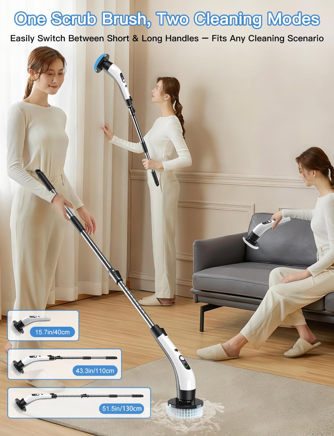 Electric Spin Scrubber with Power LCD Display, Cordless Bathroom Cleaning Brush with Adjustable Extension Handle, 400RPM/Mins, 9 Replaceable Brush Heads, IPX7 Waterproof for Shower, Bathtub, Tile