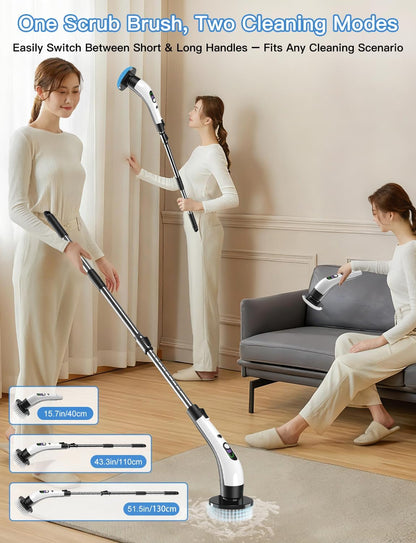 Electric Spin Scrubber with Power LCD Display, Cordless Bathroom Cleaning Brush with Adjustable Extension Handle, 400RPM/Mins, 9 Replaceable Brush Heads, IPX7 Waterproof for Shower, Bathtub, Tile