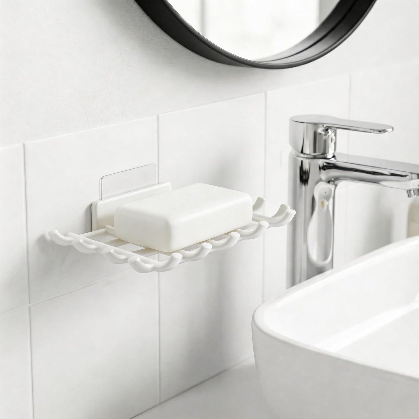 Bar Soap Holder for Shower Wall, Self Draining Plastic Bar Soap Dish Tray Container Case for Bathroom Sink, Adhesive Shower Soap Dish Holder Wall Mounted, Black 2 Pack