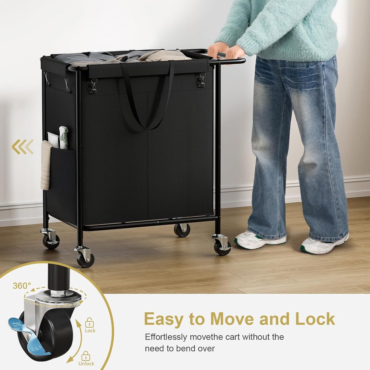 Double Laundry Hamper with Wheels,200L Rolling Laundry Basket 2 Section with Lid,Steel Frame Laundry Cart with Handle and Removable Bags,Dirty Clothes Hamper for Laundry Room,Dorm,Black