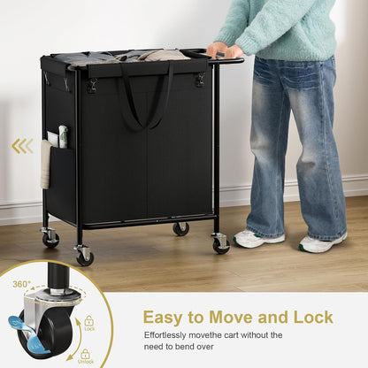 Double Laundry Hamper with Wheels,200L Rolling Laundry Basket 2 Section with Lid,Steel Frame Laundry Cart with Handle and Removable Bags,Dirty Clothes Hamper for Laundry Room,Dorm,Black
