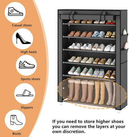 Laiensia 9-Tier Vertical Shoe Rack Organizer, Space Saving Shoe Storage Organizer, Non-Woven Cover Shoe Shelf Holds 36-45 Pairs for Bedroom, Hallway, Closet Entryway, Black