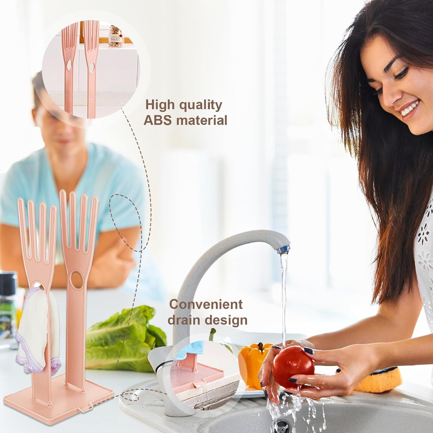 Kitchen Glove Holder, Finger Shape Plastic Dish Glove Dryer Holder with Hanging Hole, Detachable Glove Bag Drying Rack with Drain Tray for Long Gloves, Short Gloves, Rags