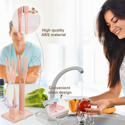 Kitchen Glove Holder, Finger Shape Plastic Dish Glove Dryer Holder with Hanging Hole, Detachable Glove Bag Drying Rack with Drain Tray for Long Gloves, Short Gloves, Rags