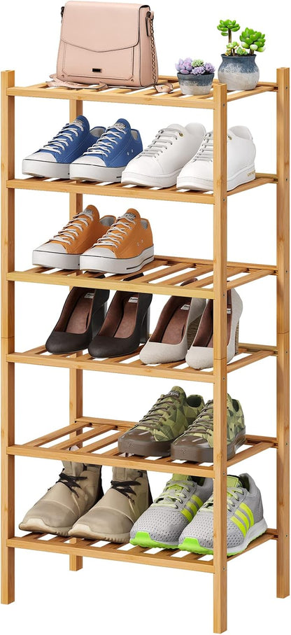viewcare 3-Tier Black Bamboo Shoe Rack for Entryway, Stackable | Foldable | Natural, Shoe Shelf Storage Organizer for Hallway Closet, Free Standing Shoe Racks for Indoor Outdoor