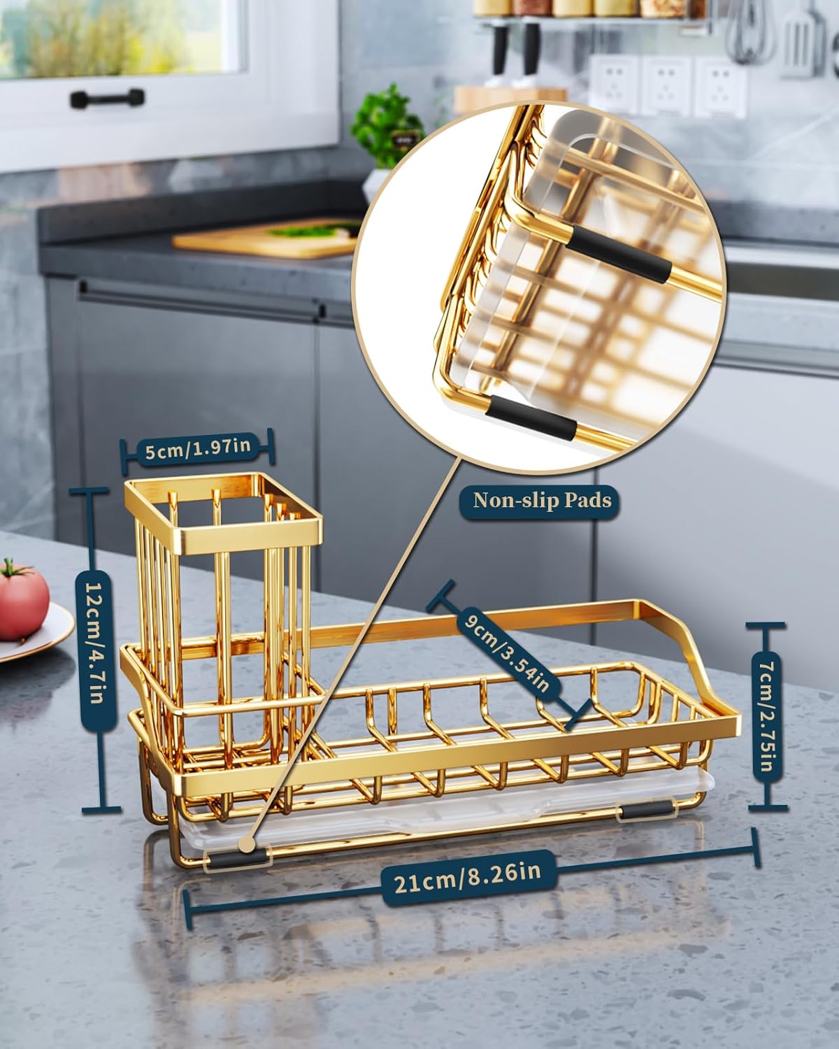 Consumest Sponge Holder for Kitchen Sink - Kitchen Sink Caddy Organizer with Removable Drip Tray for Countertop Dish Soap Dispenser Brush Storage Accessories 304 Stainless Steel - Black