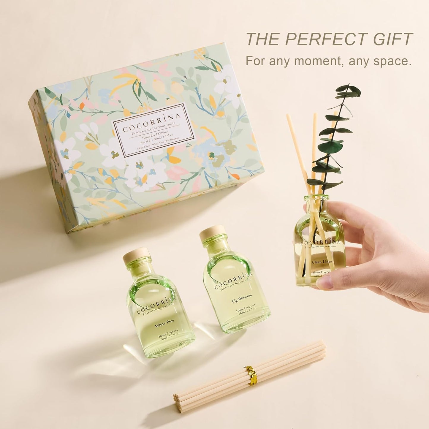 COCORRÍNA Eucalyptus Reed Diffuser Set of 3 - Eucalyptus & Moss, Clean Linen, Ocean Mist Scents, 1.7 fl oz Each, Total 5.1 oz, Scented Oil Diffusers for Home & Office