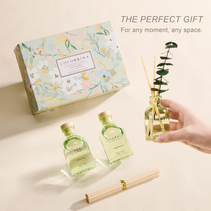 COCORRÍNA Eucalyptus Reed Diffuser Set of 3 - Eucalyptus & Moss, Clean Linen, Ocean Mist Scents, 1.7 fl oz Each, Total 5.1 oz, Scented Oil Diffusers for Home & Office