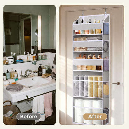 5 Tiers Over the Door Organizer with 10 Mesh Side Pockets, 44 lbs Weight Capacity Closet Hanging Storage Organizer with Large Clear Window Kids Toys, Shoes, Diapers, Beige