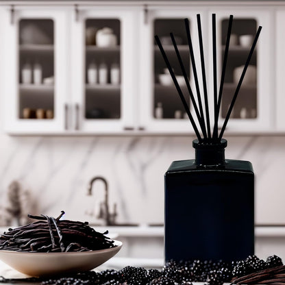 Urban Naturals Smoked Vanilla Reed Diffuser Set with Vanilla Bean, Sandalwood & Leather – 5 Ounce Sleek Black Rectangular Refillable Glass Bottle – Made in the USA