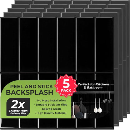 Peel and Stick Subway Backsplash Tiles, 5 Pack, 12 x 12 in, Almond | extra thick 3D wall panels, heat and water resistant wall panels, easy DIY kitchen, bathroom, laundry, fireplace wall décor