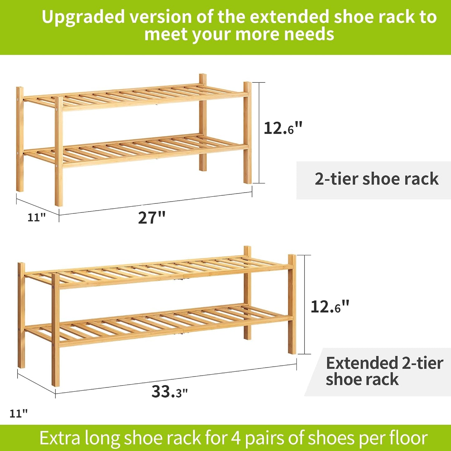 BMOSU 2-Tier Bamboo Small Shoe Rack Premium Stackable Shoe Shelf Storage Organizer for Hallway Closet Living Room Entryway Organizer (Black Bamboo)