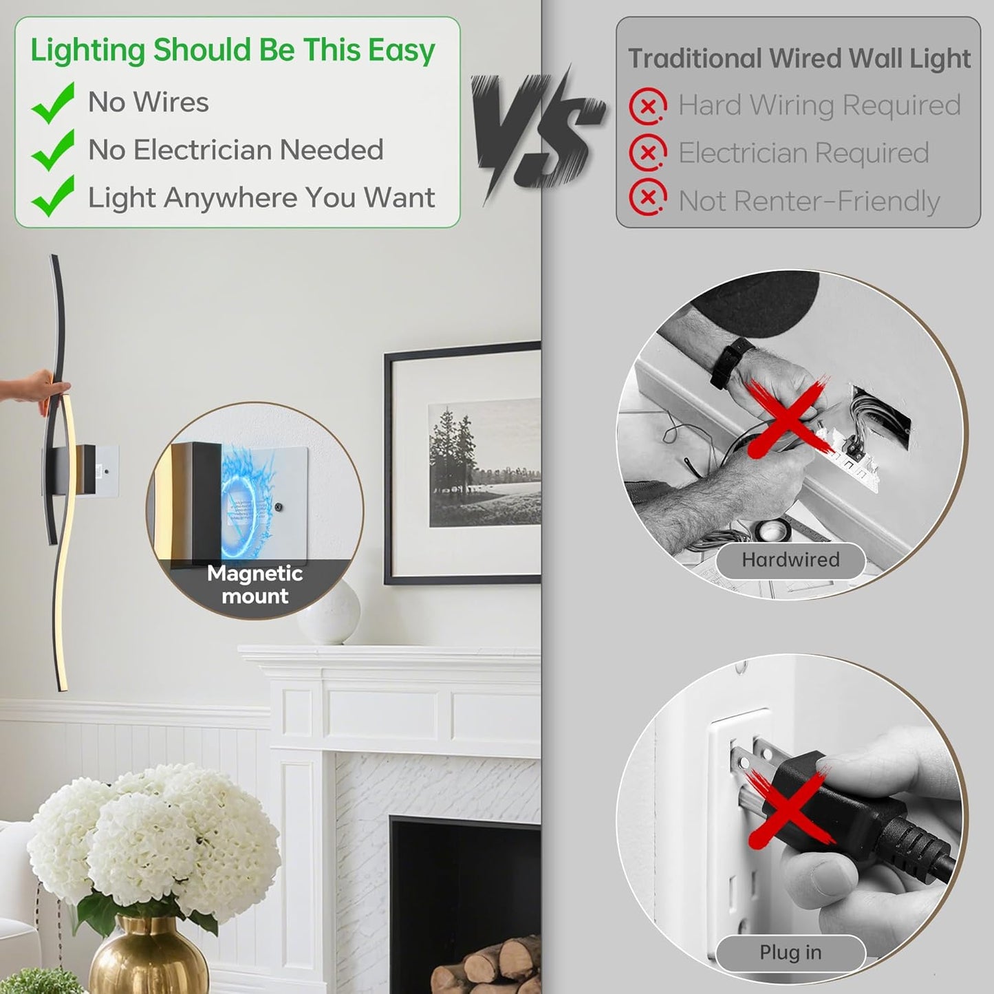 Battery Operated Wall Sconce Set of 2, Dimmable Modern LED Wireless Wall Light with Remote Control, Sconce Wall Decor for Living Room, Hallway, Quick Install, No Electrician Required