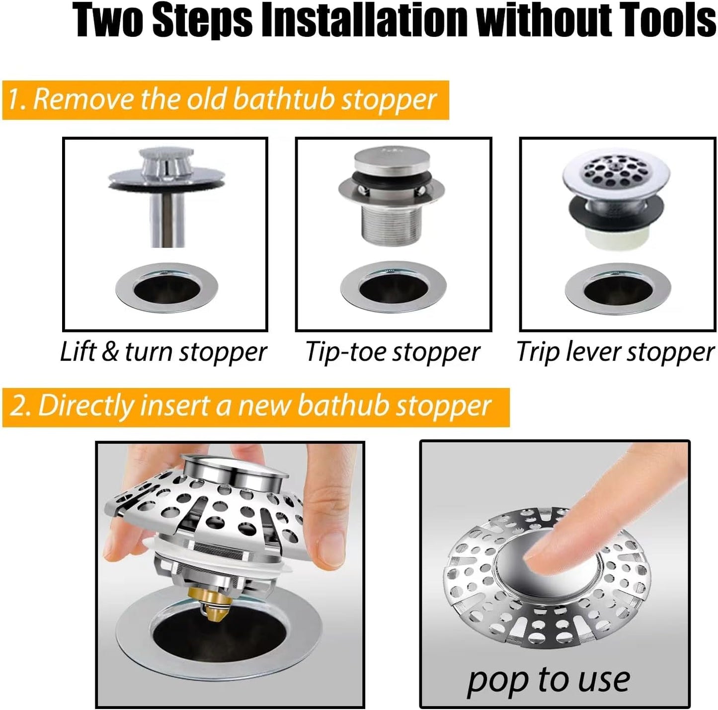 Anlige Bathroom Sink Drain Strainer, 2PCS 3 in 1 Pop Up Bathroom Sink Stopper with Removable Brass Basket Hair Catcher, Universal Sink Plug for 1.06 to 1.6in Drain Hole, Chrome Silver