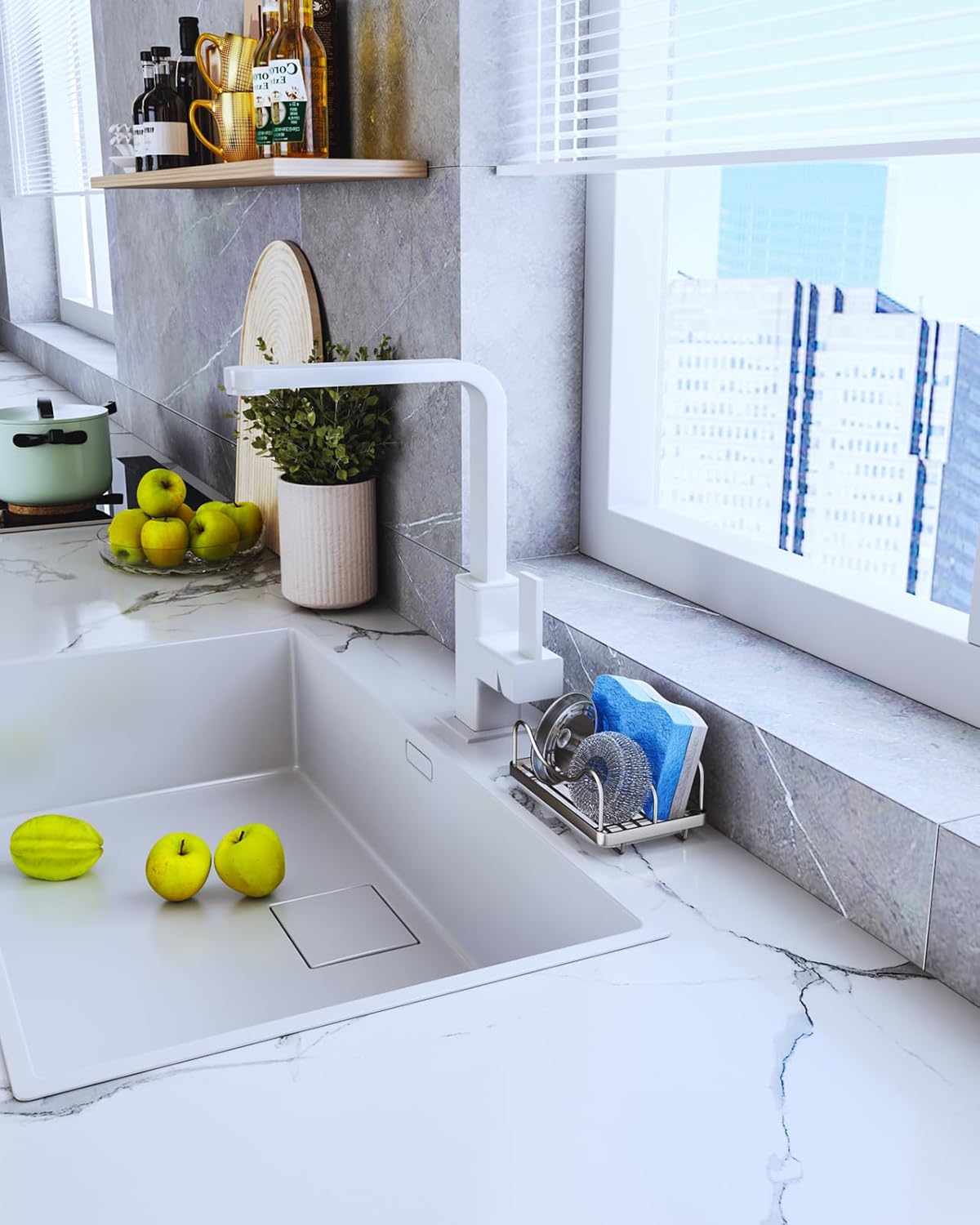 Consumest Sponge Holder for Kitchen Sink - Movable Sink Caddy for Countertop Organizer, 304 Stainless Steel Sponge Holder with Detachable Drip Tray for Kitchen Accessories-Silver
