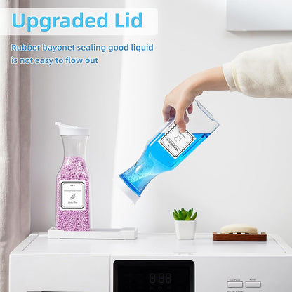 Laundry Detergent Dispenser,Laundry Soap Dispenser,Liquid Laundry Detergent Container,35OZ Fabric Softener Dispenser with Tray, Laundry Room Organization,Extra 4 Labels,White