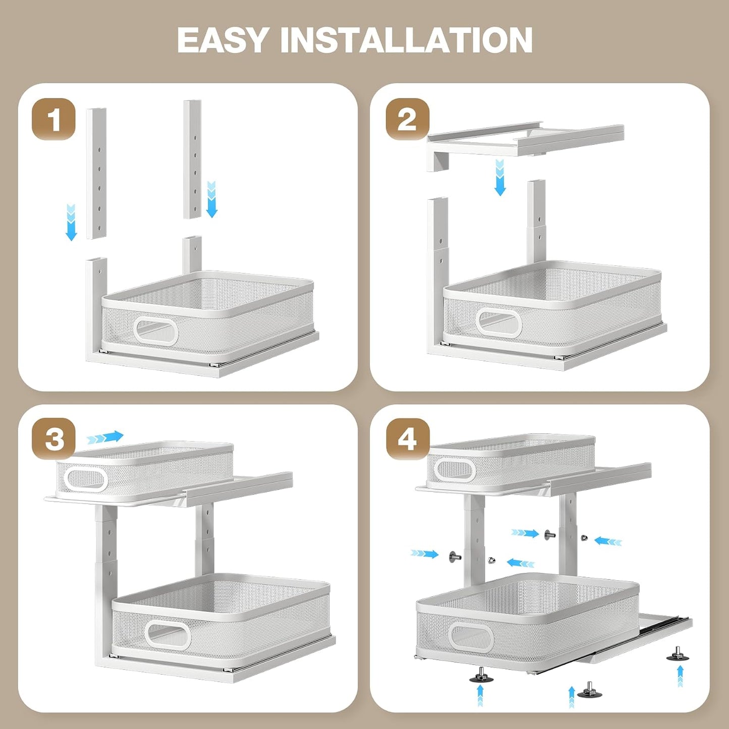 2 Pack 18.5IN-Depth Under Sink Organizer With Next-Gen Ball-Bearing Slides,2-Tier Precision Mesh Pull Out Cabinet Storage for Bathroom&Kitchen,Height Adjustable Drawers Shelf,Anti-rust-White