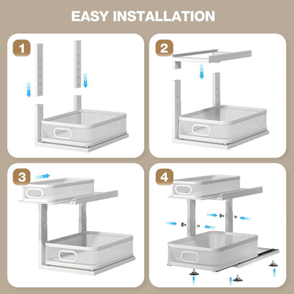 2 Pack 18.5IN-Depth Under Sink Organizer With Next-Gen Ball-Bearing Slides,2-Tier Precision Mesh Pull Out Cabinet Storage for Bathroom&Kitchen,Height Adjustable Drawers Shelf,Anti-rust-White