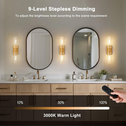 SANTOSTOCK Gold Battery Operated Wall Sconce Set of 2, 12000mAh Rechargeable Wall Lights with Remote Control, Wireless Dimmable Wall Lamps for Bedroom Living Room Bathroom Hallway Stairwell