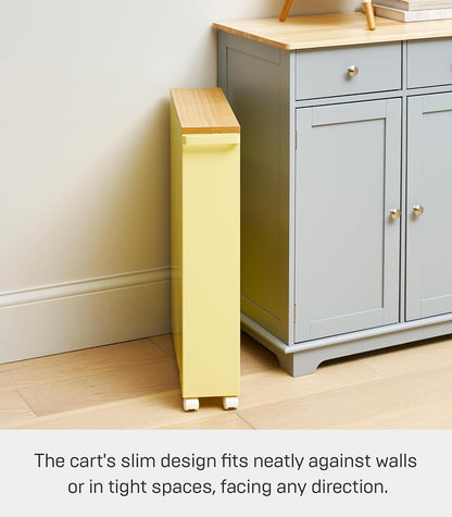 Yamazaki Home Slim Rolling Storage Cart – Narrow Bathroom Storage Cabinet With Handle, Slim Bathroom Storage Cart With Wheels, Easy Assembly, Steel + Wood, White, 27" - Steel -