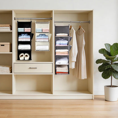 BOOMIBOO Hanging Closet Organizer and Shelves, 4 Shelves with 1 Side Pockets, Foldable, Grey Fabric, Modern Style, for Bedroom and Dorm Room (Grey)