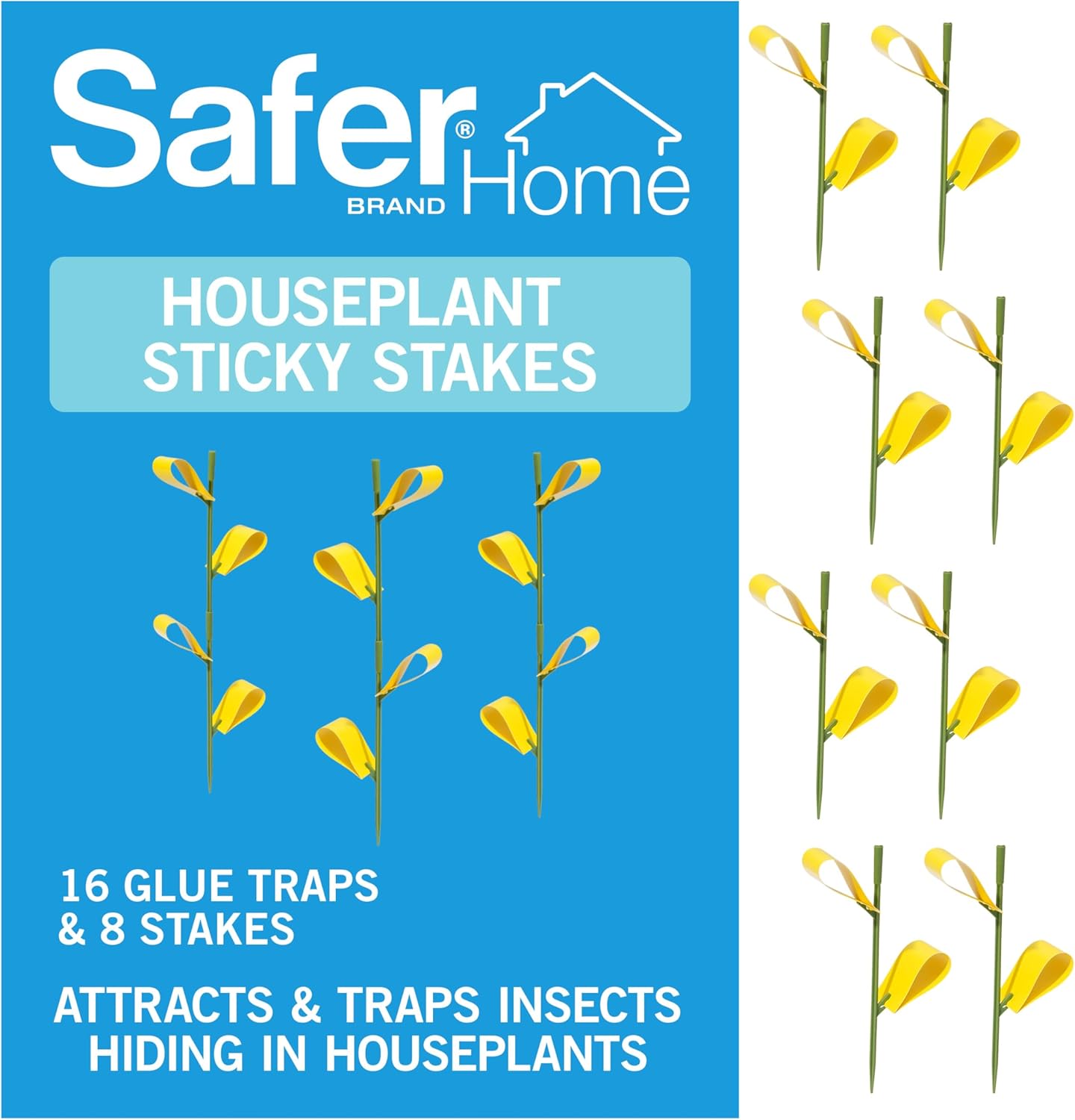 Safer Brand Home SH5026 Houseplant Sticky Stake Insect Traps for Indoor Plants - 16 Traps Included - Controls Aphids, Whiteflies, Fruit Flies, Fungus Gnats, and Other Insects