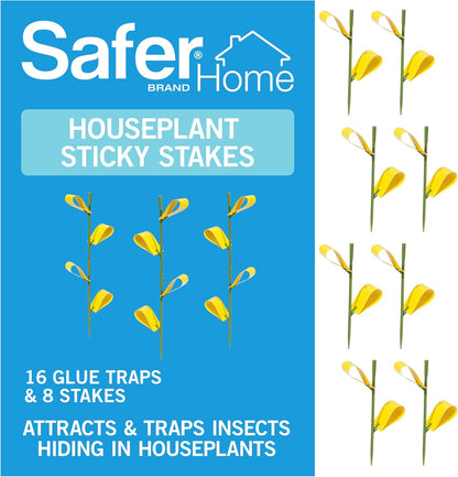Safer Brand Home SH5026 Houseplant Sticky Stake Insect Traps for Indoor Plants - 16 Traps Included - Controls Aphids, Whiteflies, Fruit Flies, Fungus Gnats, and Other Insects