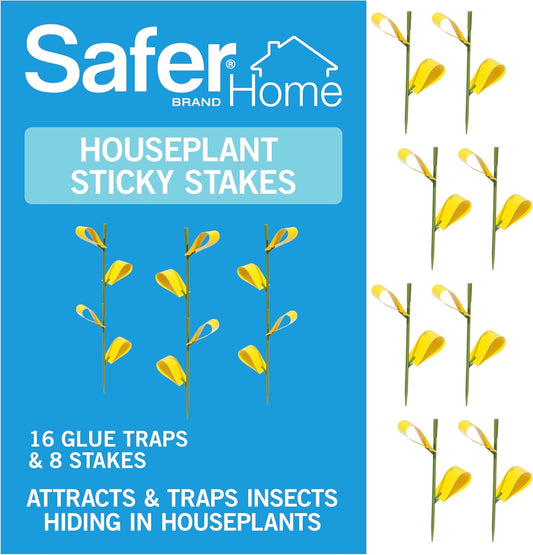 Safer Brand Home SH5026 Houseplant Sticky Stake Insect Traps for Indoor Plants - 16 Traps Included - Controls Aphids, Whiteflies, Fruit Flies, Fungus Gnats, and Other Insects